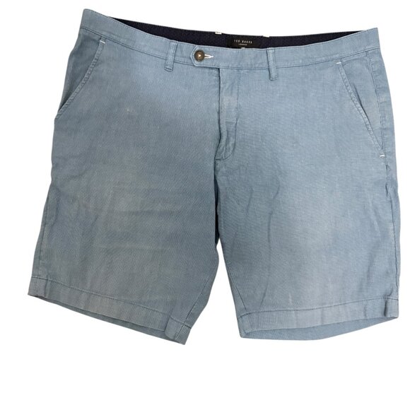 TED BAKER Mens Chino Shorts W38 Flat Front Blue Linen AY15 - Picture 1 of 6